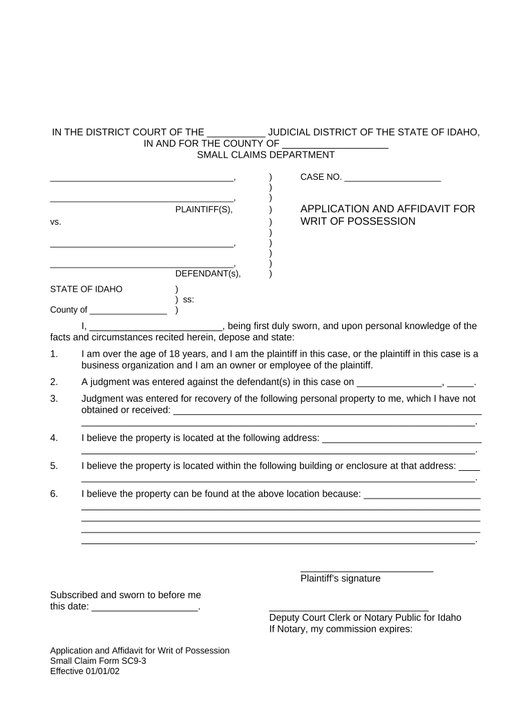 Application and Affidavit for Writ of Possession Idaho  Form