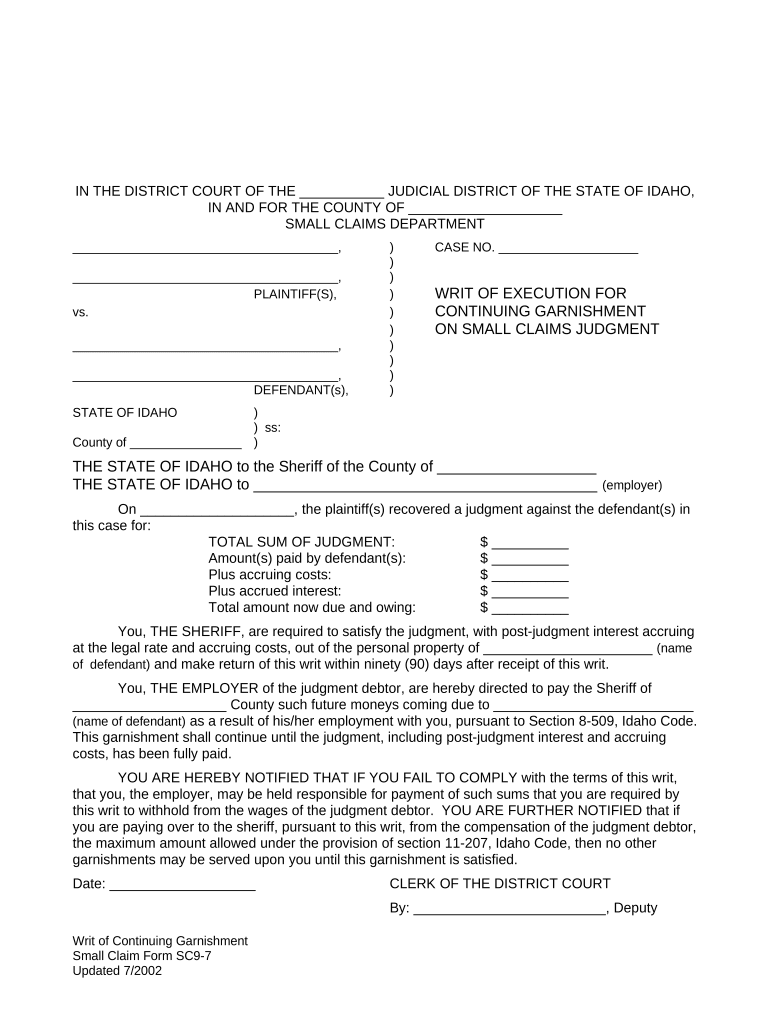 Idaho Garnishment  Form