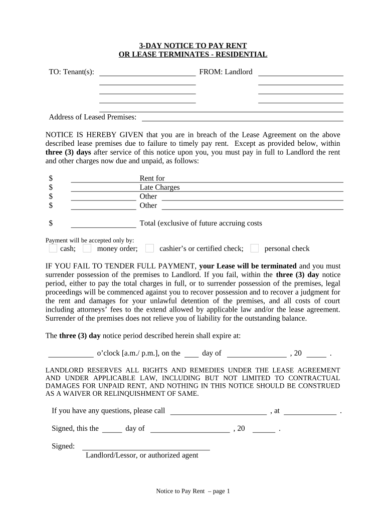 3 Day Notice to Pay Rent or Lease Terminated for Residential Property Idaho  Form