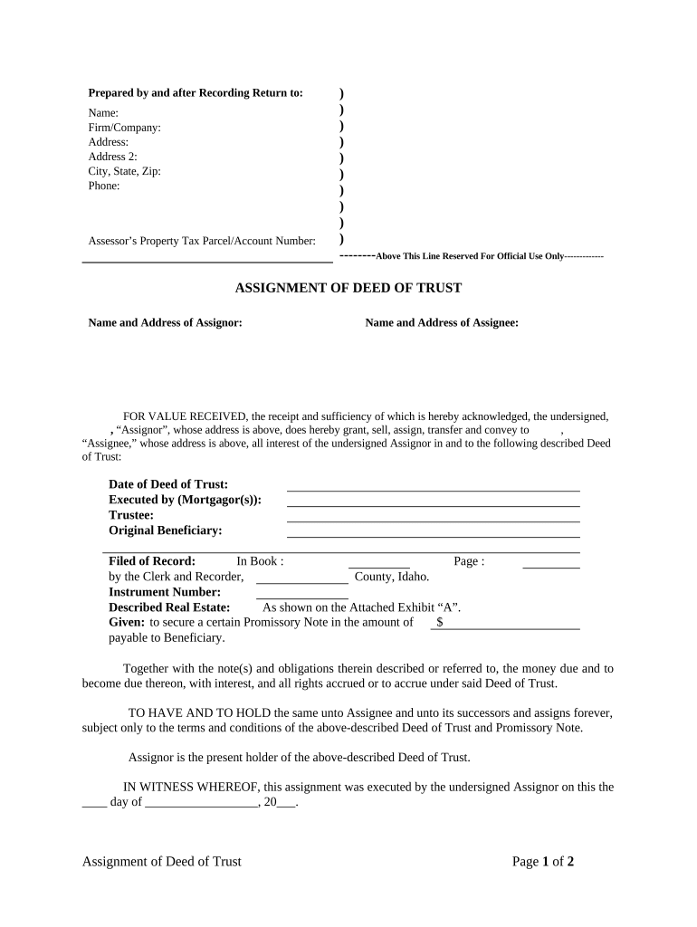 Assignment of Deed of Trust by Individual Mortgage Holder Idaho  Form