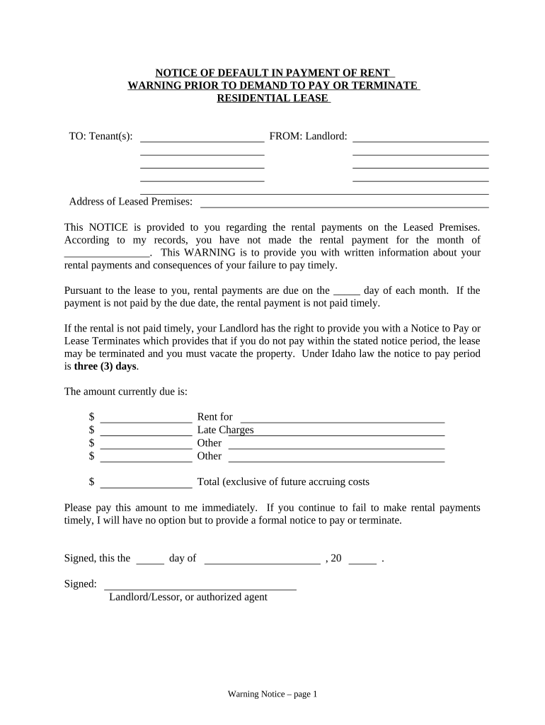 Notice of Default in Payment of Rent as Warning Prior to Demand to Pay or Terminate for Residential Property Idaho  Form