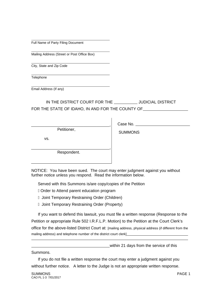 Idaho Divorce File  Form