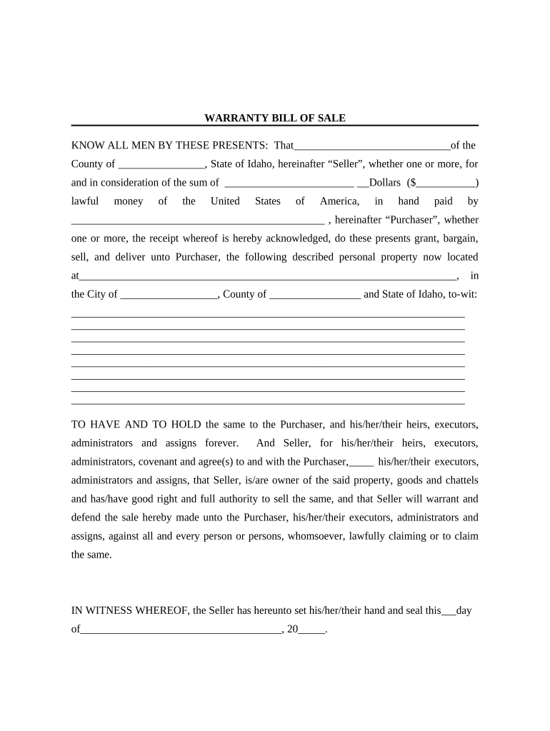 Bill of Sale with Warranty by Individual Seller Idaho  Form