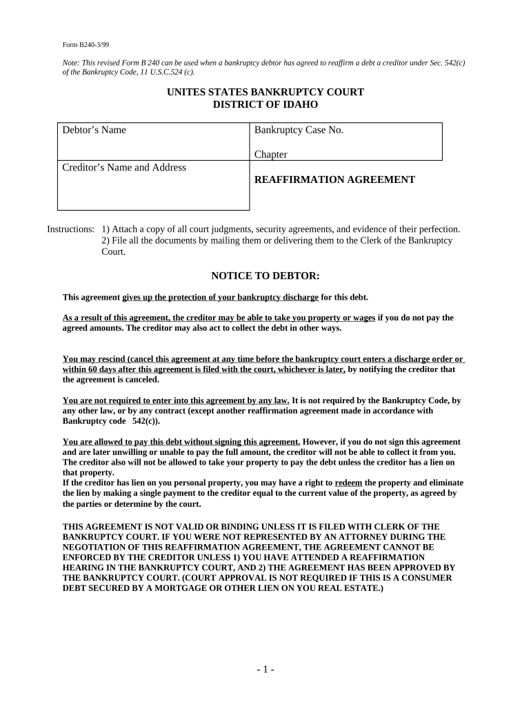 Reaffirmation Agreement Idaho  Form