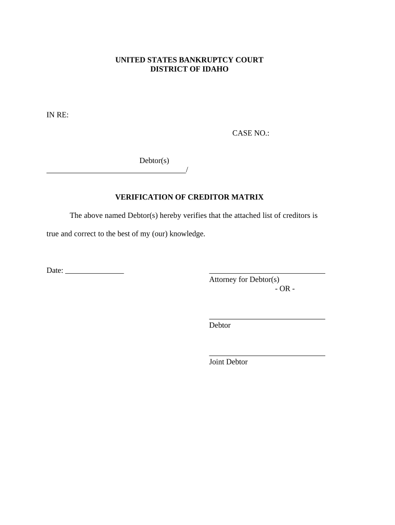 Verification of Creditors Matrix Idaho  Form