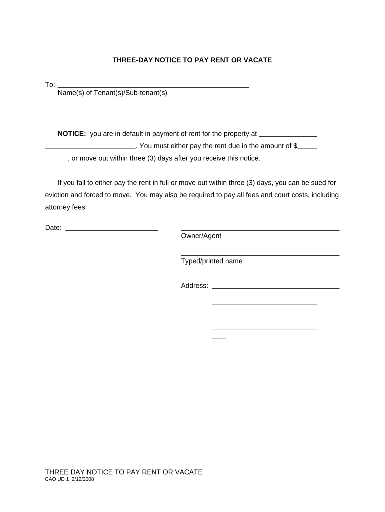 Notice Pay Rent Vacate  Form