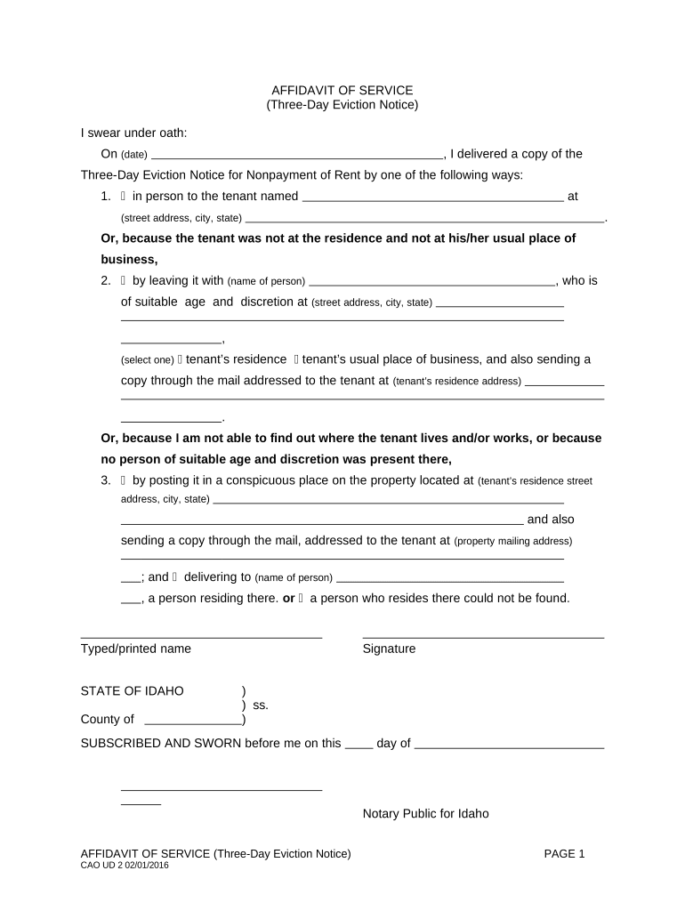 Affidavit of Service of 3 Day Notice to Pay Rent or Vacate Premises Idaho  Form