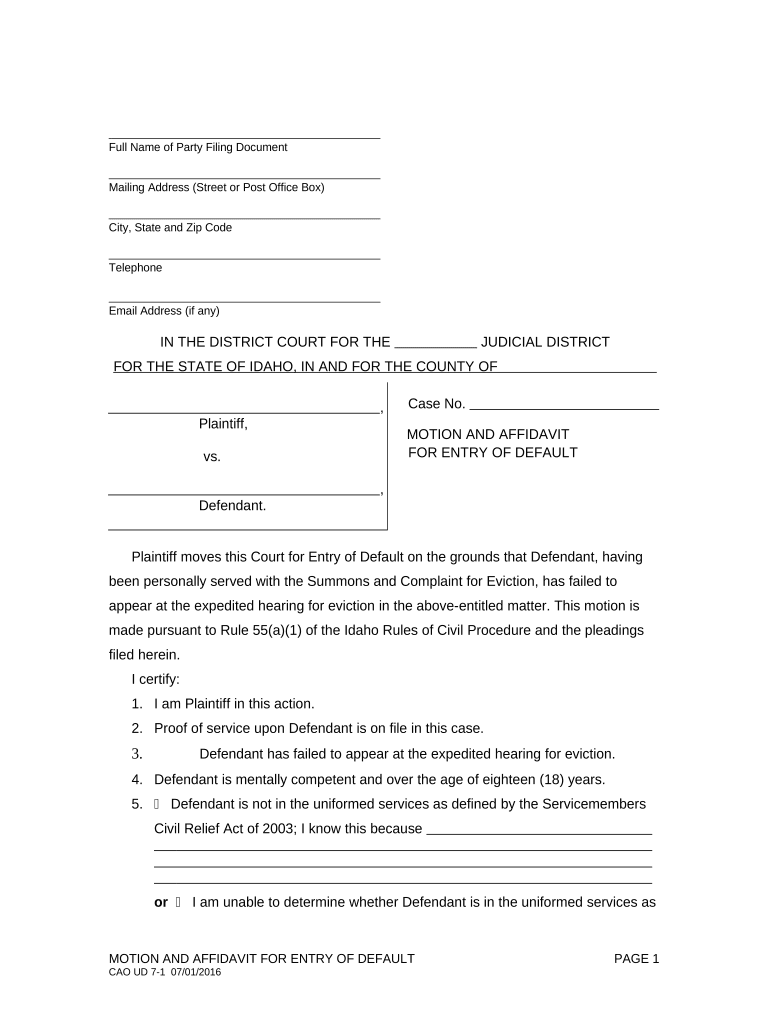 Idaho Entry Default  Form