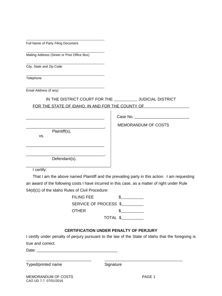 Memorandum Costs  Form