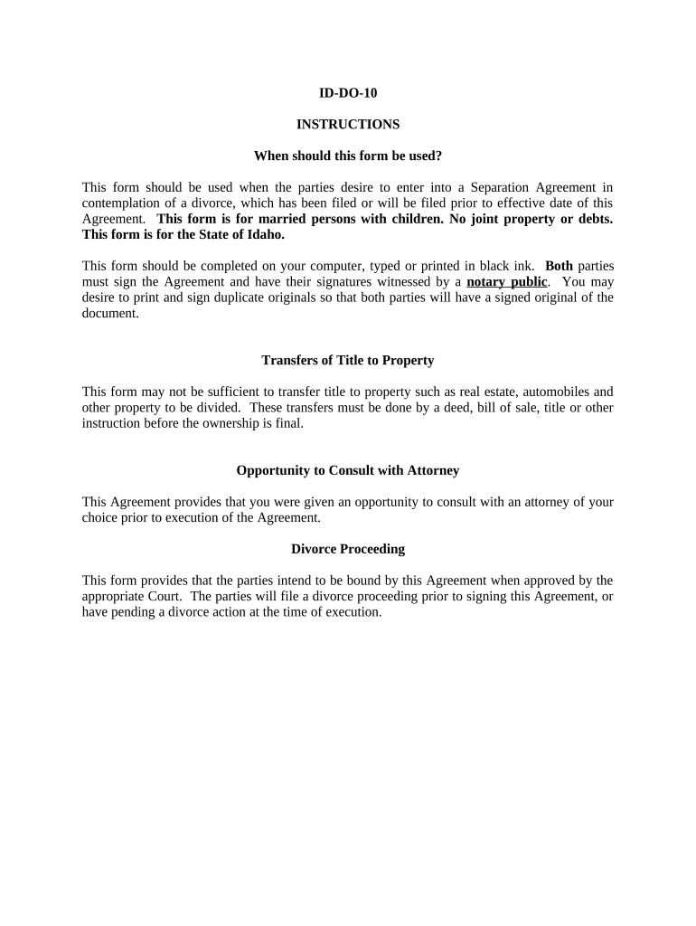 Marital Legal Separation and Property Settlement Agreement Minor Children No Joint Property or Debts Where Divorce Action Filed   Form