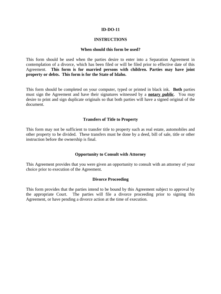 Marital Legal Separation and Property Settlement Agreement Minor Children Parties May Have Joint Property or Debts Where Divorce  Form