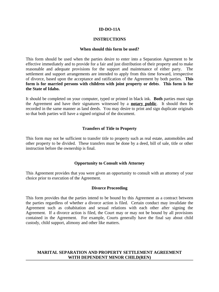 Marital Legal Separation and Property Settlement Agreement Minor Children Parties May Have Joint Property or Debts Effective Imm  Form