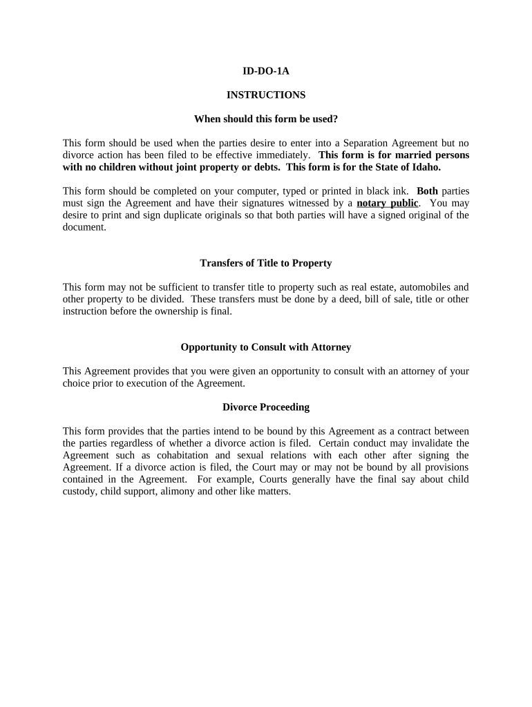 Marital Legal Separation and Property Settlement Agreement for Persons with No Children, No Joint Property, or Debts Effective I  Form