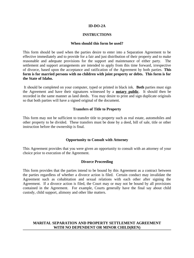 Marital Legal Separation and Property Settlement Agreement No Children Parties May Have Joint Property or Debts Effective Immedi  Form