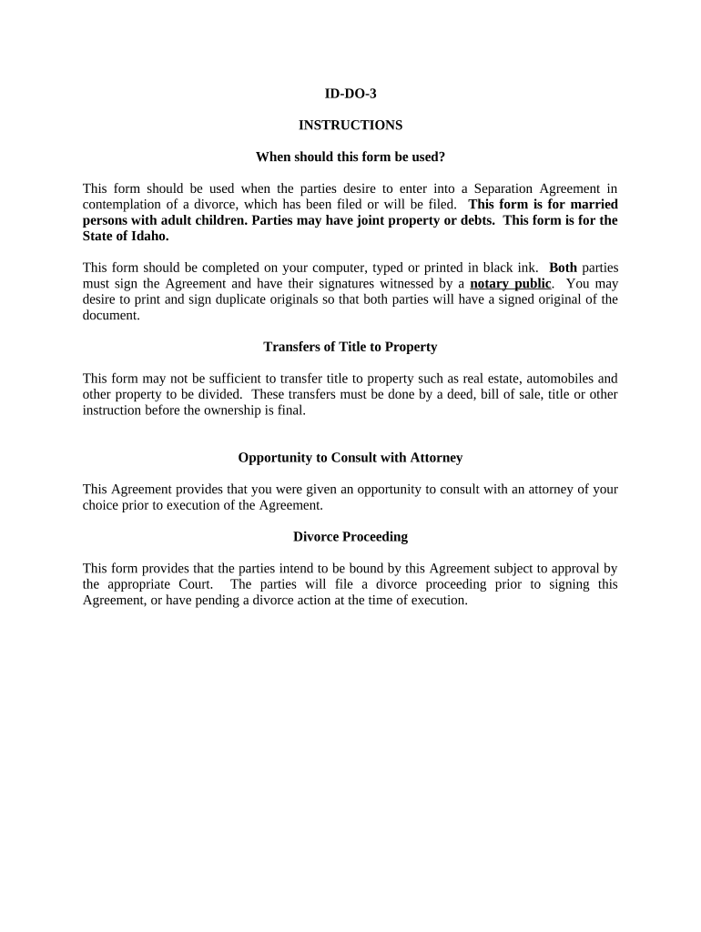 Marital Legal Separation and Property Settlement Agreement Adult Children Parties May Have Joint Property or Debts Where Divorce  Form