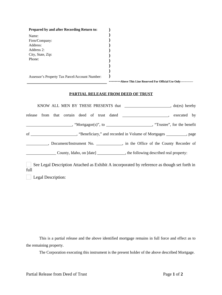 Partial Release of Property from Deed of Trust for Corporation Idaho  Form