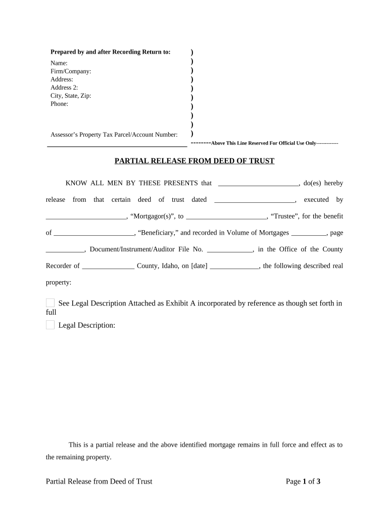 Partial Release of Property from Deed of Trust for Individual Idaho  Form