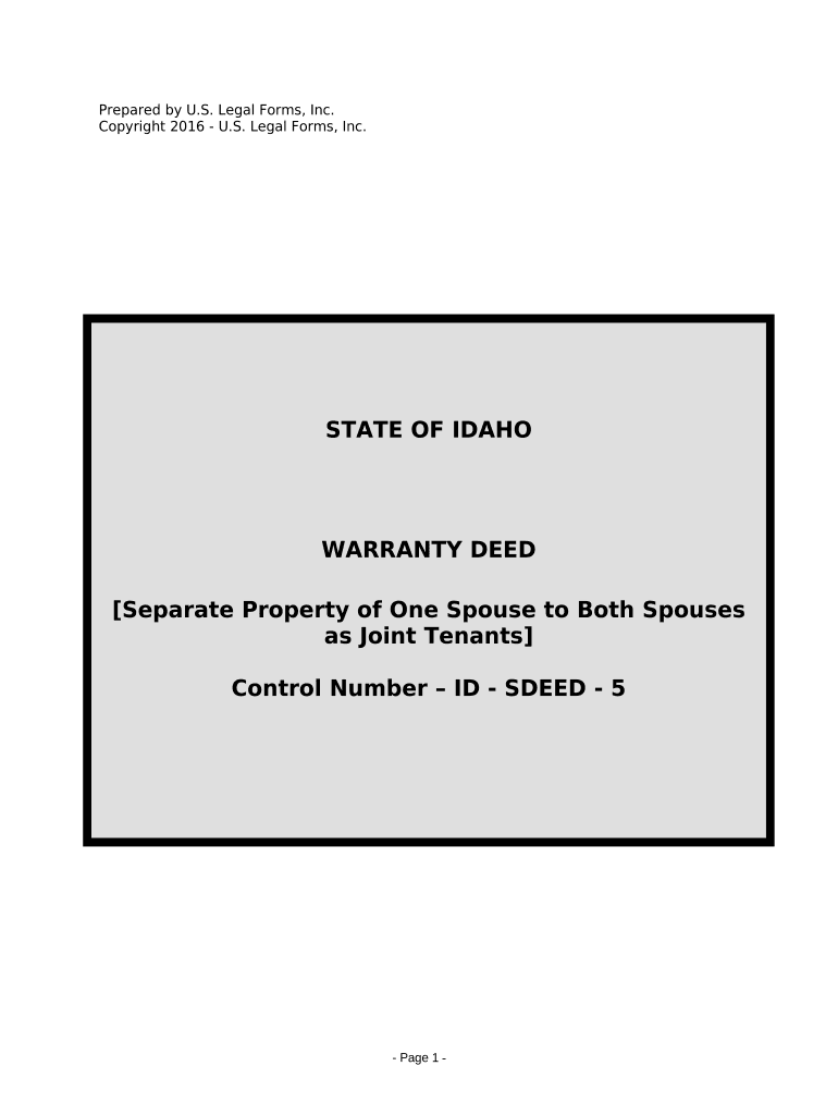Warranty Deed to Separate Property of One Spouse to Both Spouses as Joint Tenants Idaho  Form