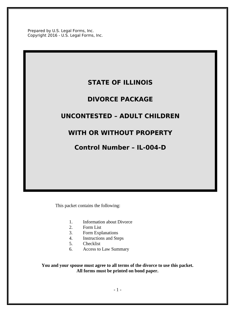 No Fault Uncontested Agreed Divorce Package for Dissolution of Marriage with Adult Children and with or Without Property and Deb  Form