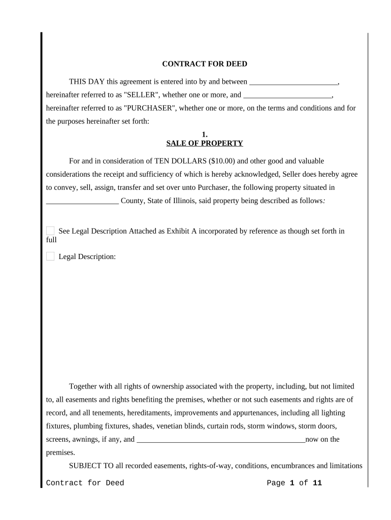 Agreement or Contract for Deed for Sale and Purchase of Real Estate Aka Land or Executory Contract Illinois  Form