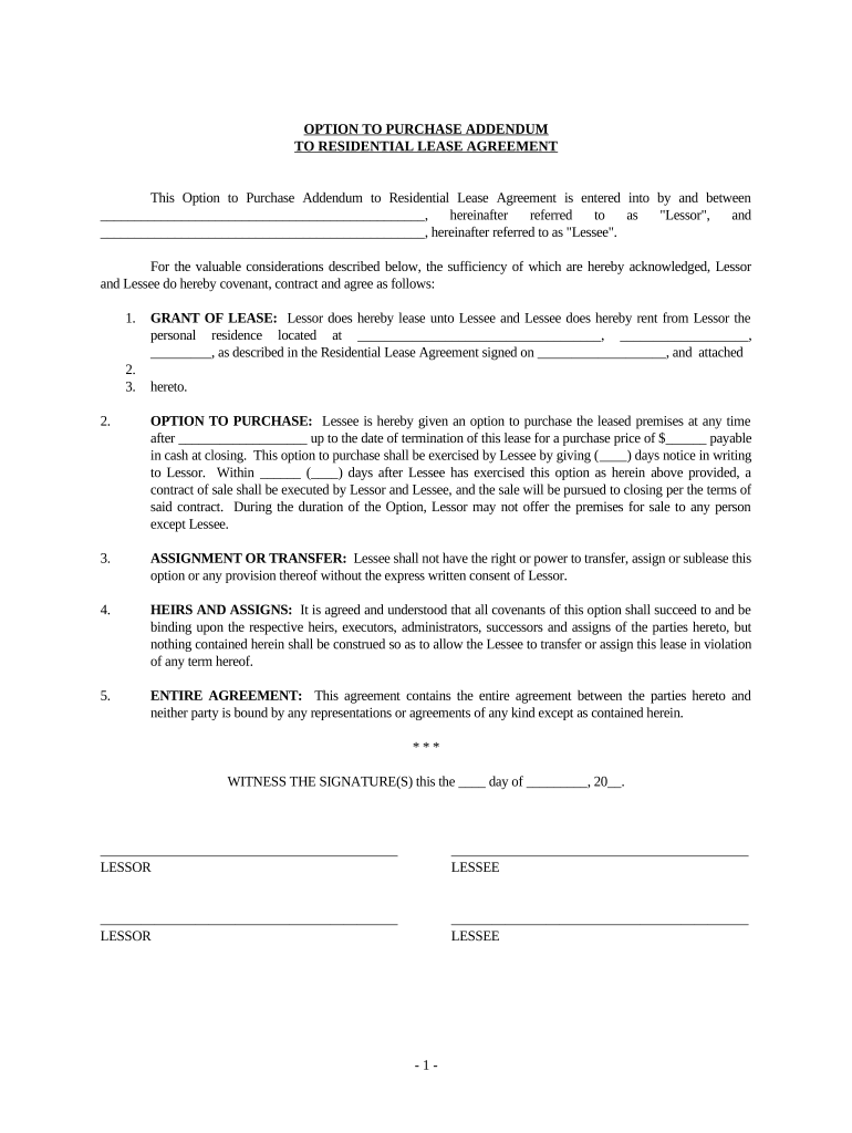 Option to Purchase Addendum to Residential Lease Lease or Rent to Own Illinois  Form