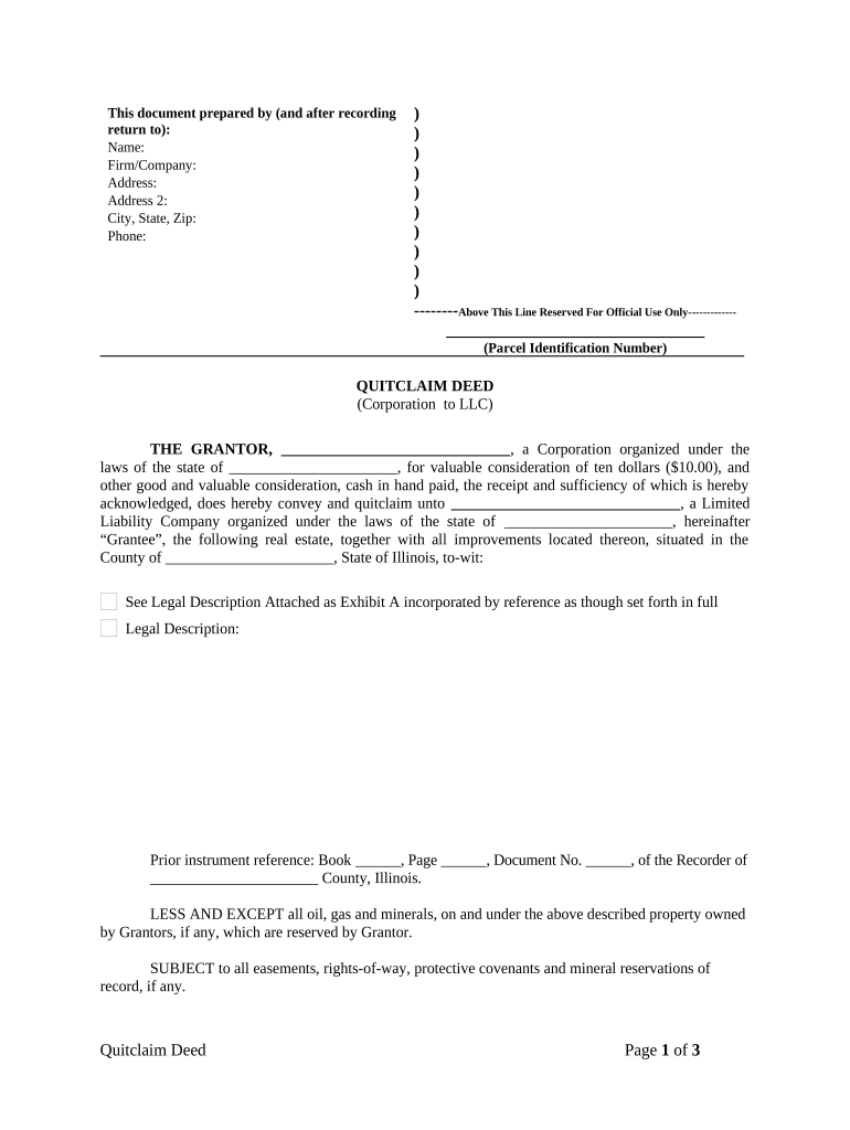 Quitclaim Deed from Corporation to LLC Illinois  Form