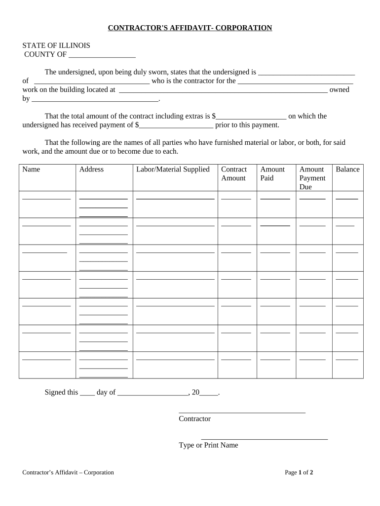 Contractor's Verified Statement of Labor and Materials and Amount Due Mechanic Liens Corporation or LLC Illinois  Form