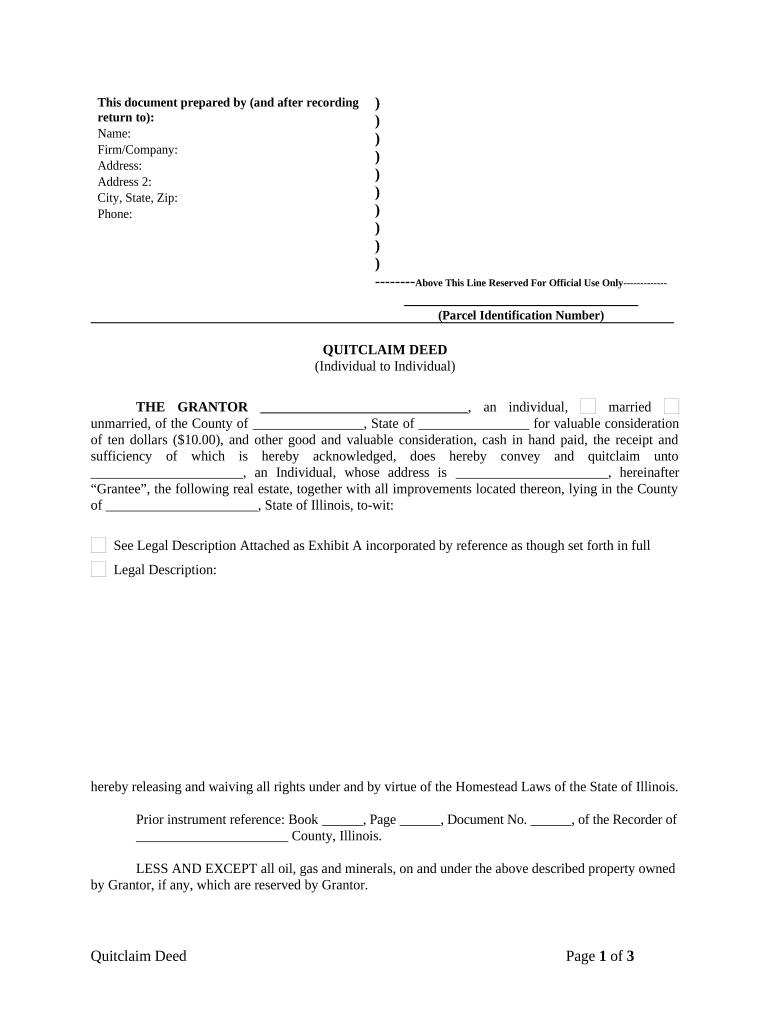 Quitclaim Deed from Individual to Individual Illinois  Form