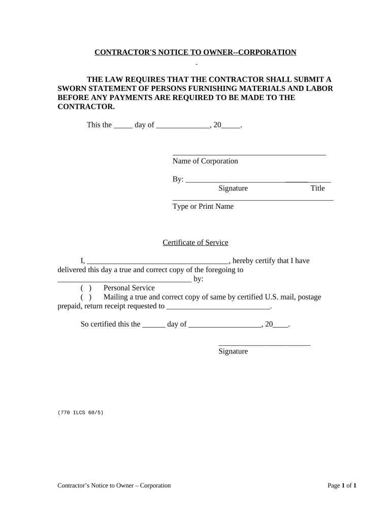 Contractor's Notice to Owner About Disclosure of Labor and Materials Mechanic Liens Corporation or LLC Illinois  Form