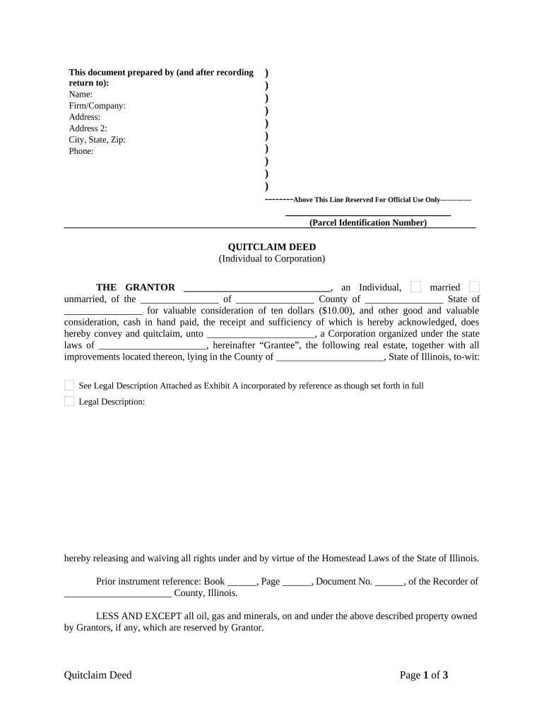 Quitclaim Deed from Individual to Corporation Illinois  Form