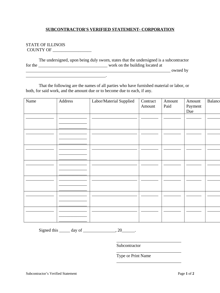 Subcontractor's Verified Statement Mechanic Liens Corporation or LLC Illinois  Form