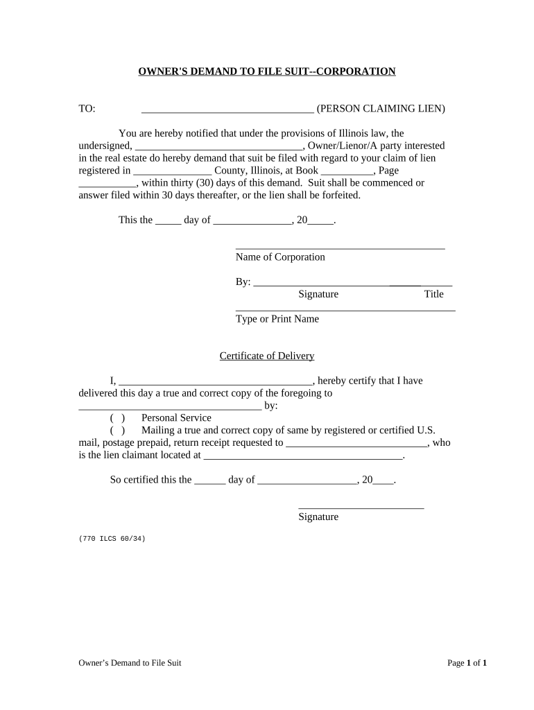 Owner's Demand to File Suit Mechanics Liens Corporation or LLC Illinois  Form