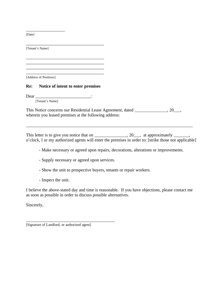 Letter from Landlord to Tenant About Time of Intent to Enter Premises Illinois  Form