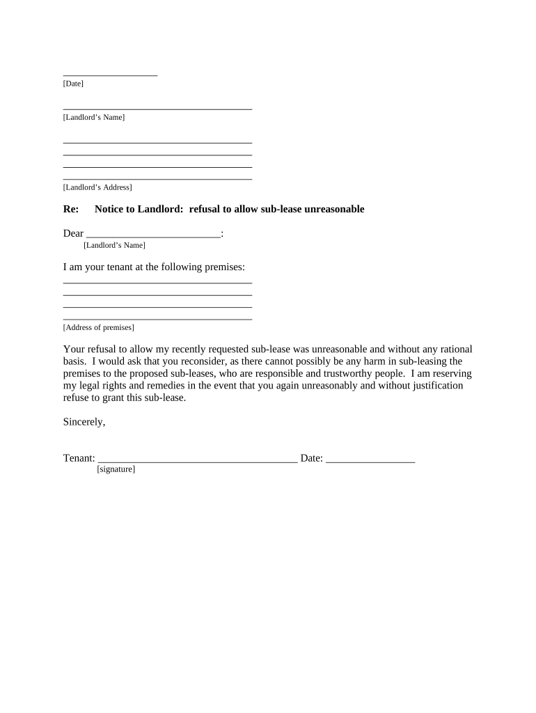 Letter from Tenant to Landlord About Landlord's Refusal to Allow Sublease is Unreasonable Illinois  Form