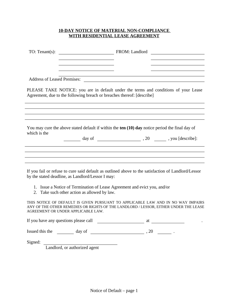 10 Day Notice of Material Noncompliance with Lease or Rental Agreement Residential 10 Days to Cure Illinois  Form