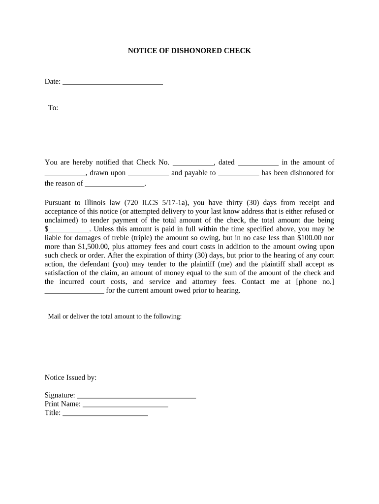 Notice of Dishonored Check Civil Keywords Bad Check, Bounced Check Illinois  Form