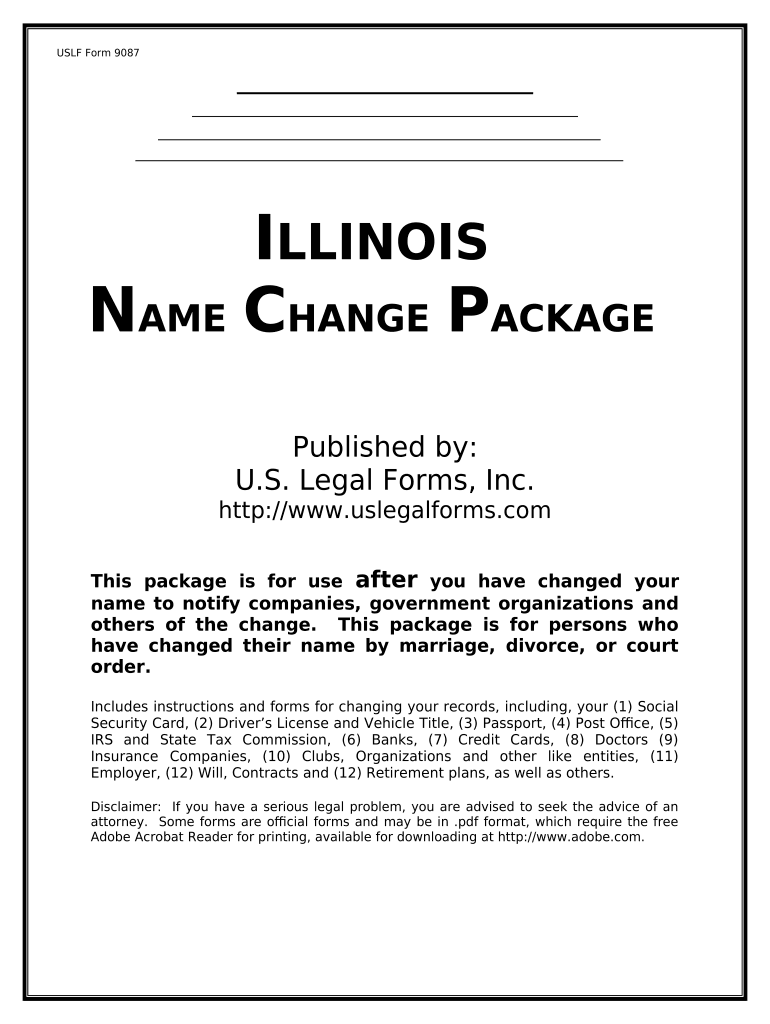 Name Change Notification Package for Brides, Court Ordered Name Change, Divorced, Marriage for Illinois Illinois  Form
