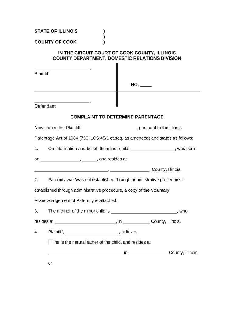 Complaint to Determine Parentage Illinois  Form