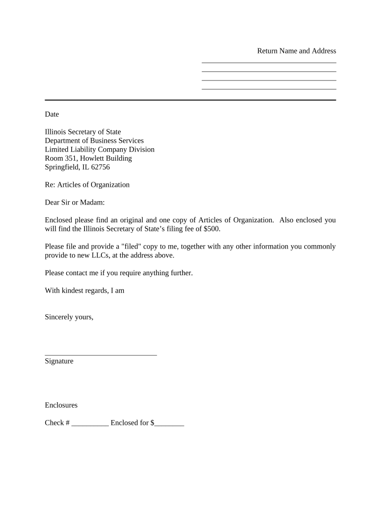 Sample Cover Letter for Filing of LLC Articles or Certificate with Secretary of State Illinois  Form
