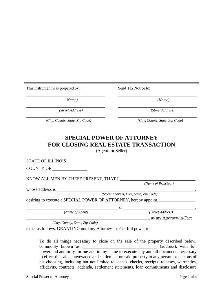 Special or Limited Power of Attorney for Real Estate Sales Transaction by Seller Illinois  Form