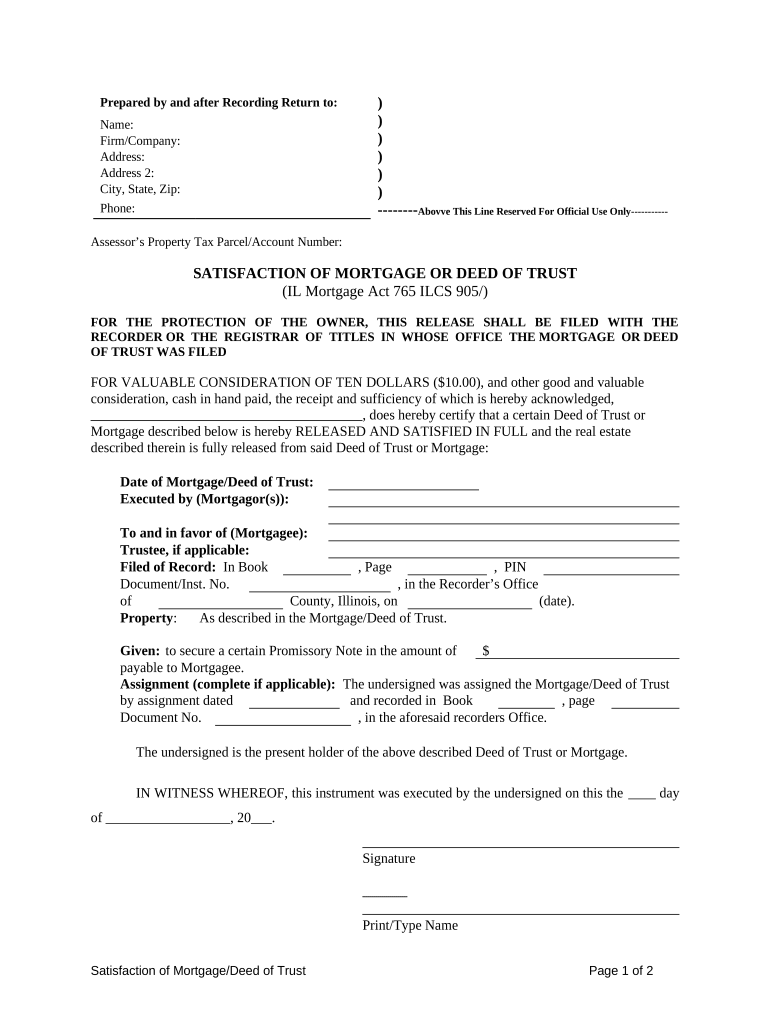 Satisfaction, Release or Cancellation of Mortgage by Individual Illinois  Form