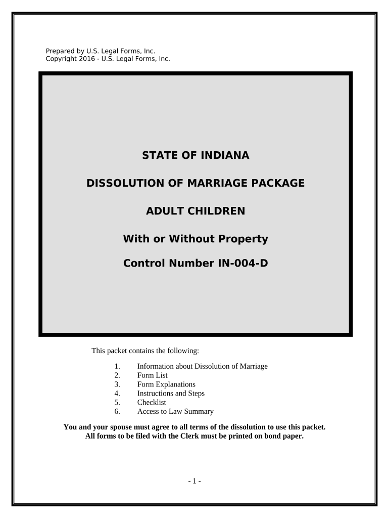 No Fault Uncontested Agreed Divorce Package for Dissolution of Marriage with Adult Children and with or Without Property and Deb  Form