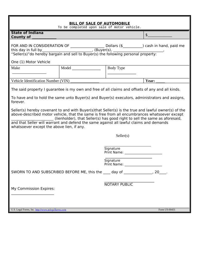 Bill of Sale of Automobile and Odometer Statement Indiana  Form