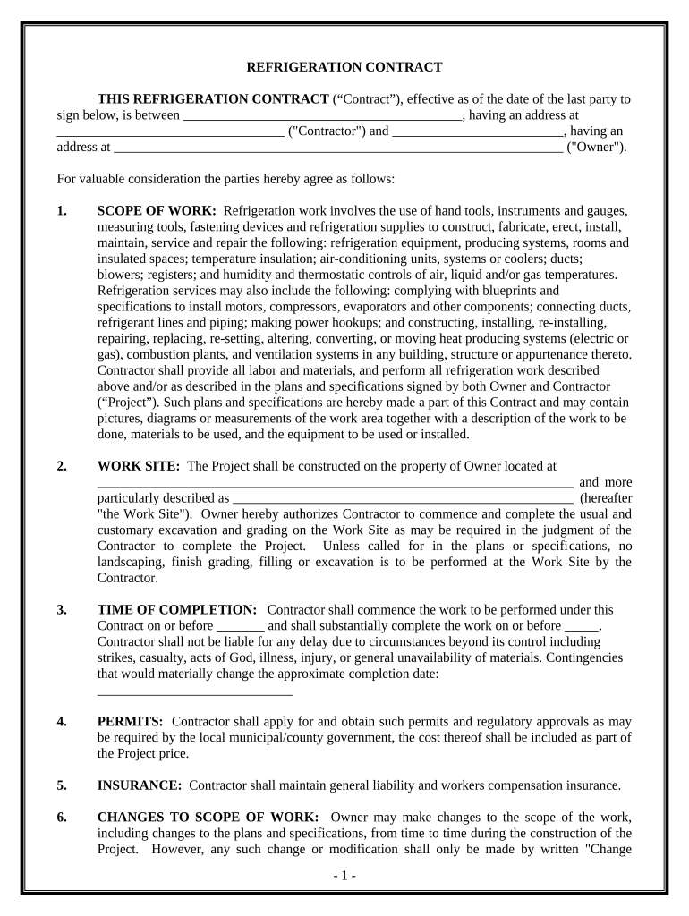 Refrigeration Contract for Contractor Indiana  Form