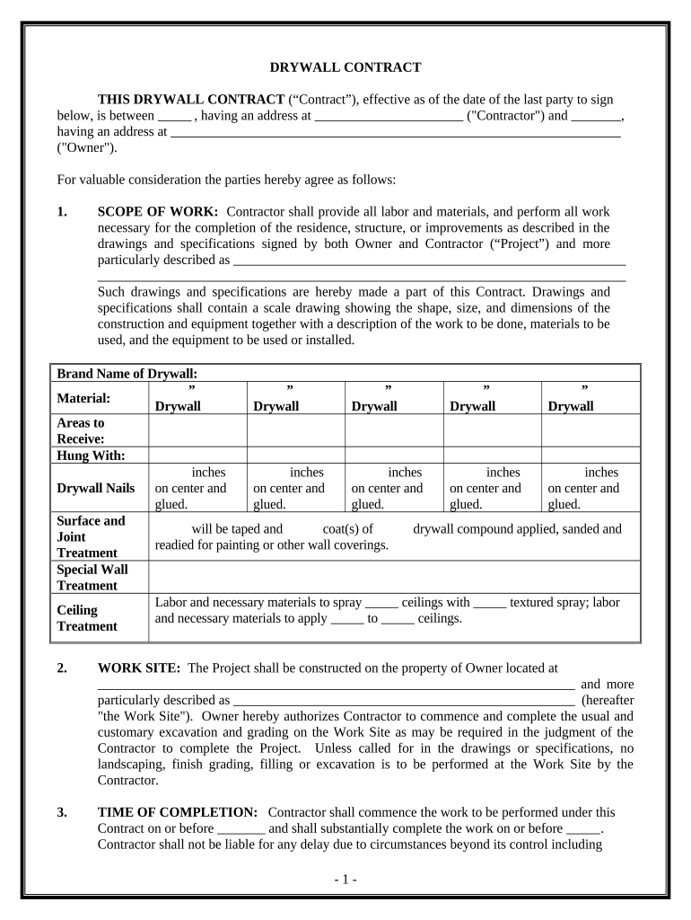 Sheetrock Drywall Contract for Contractor Indiana  Form