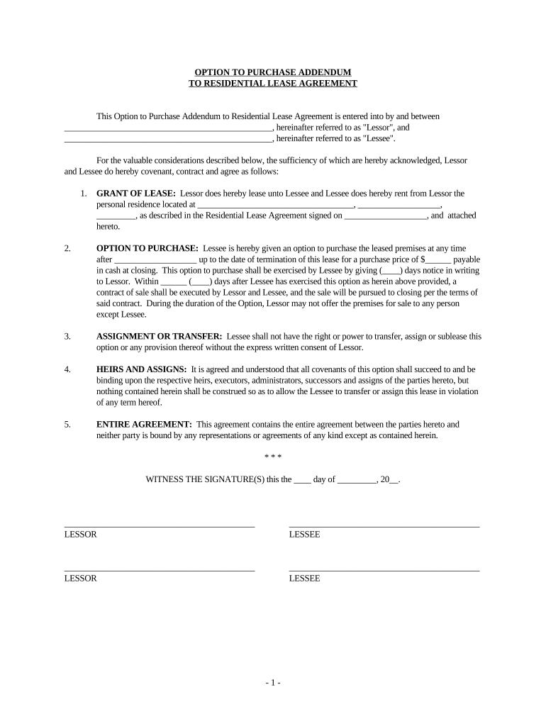 Option to Purchase Addendum to Residential Lease Lease or Rent to Own Indiana  Form