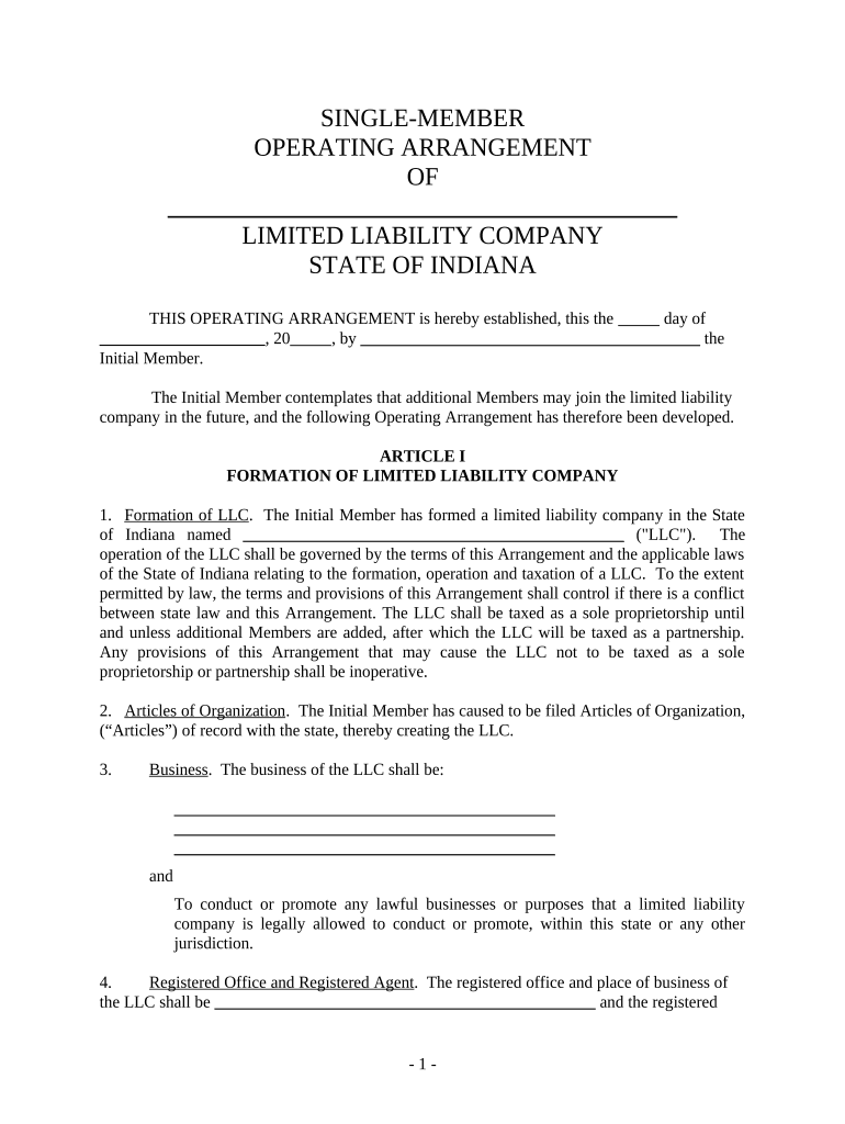 Single Member Limited Liability Company LLC Operating Agreement Indiana  Form