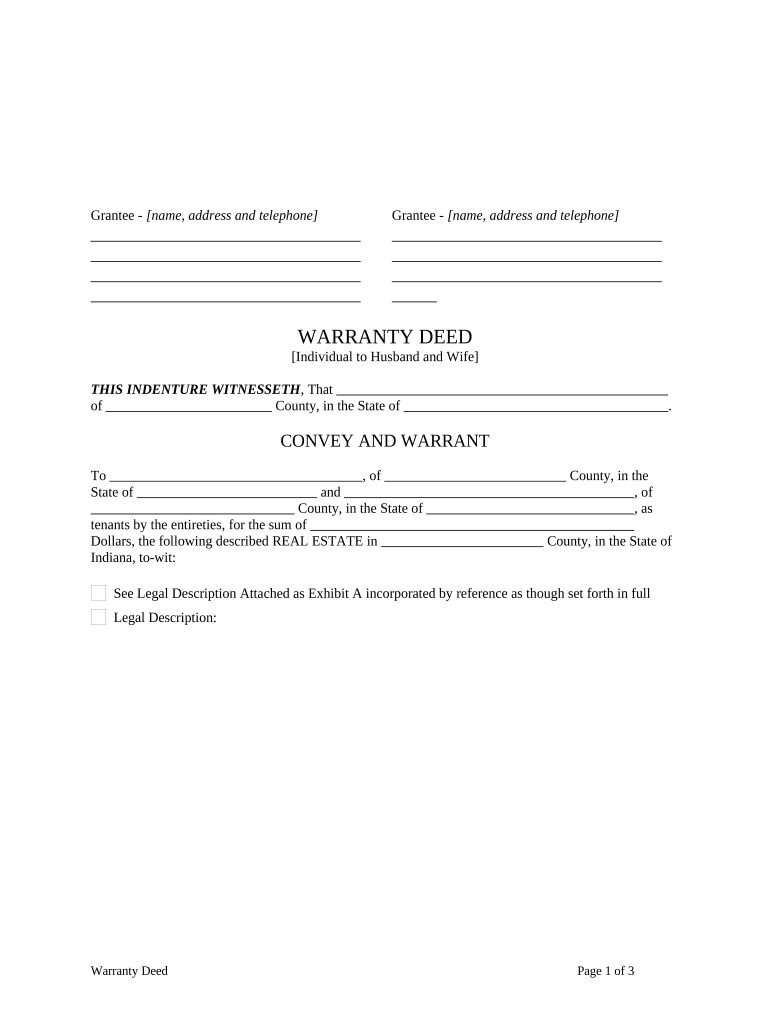 Warranty Deed from Individual to Husband and Wife Indiana  Form