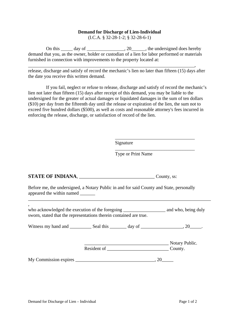 Demand for Discharge of Lien Individual Indiana  Form