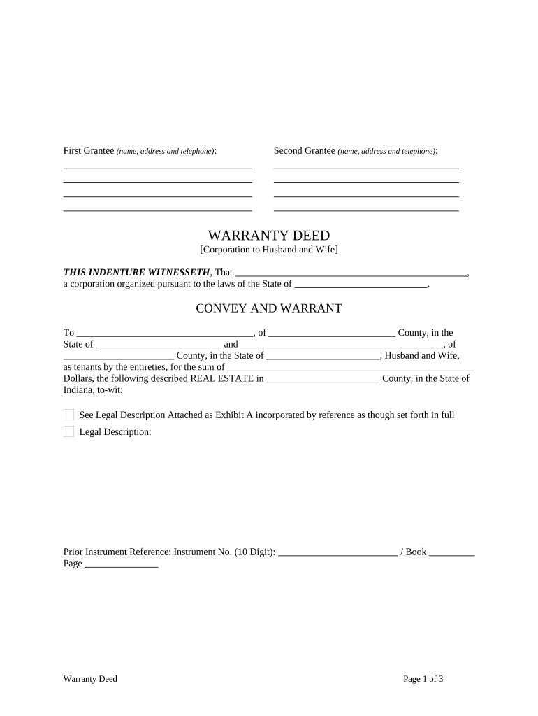 Warranty Deed from Corporation to Husband and Wife Indiana  Form